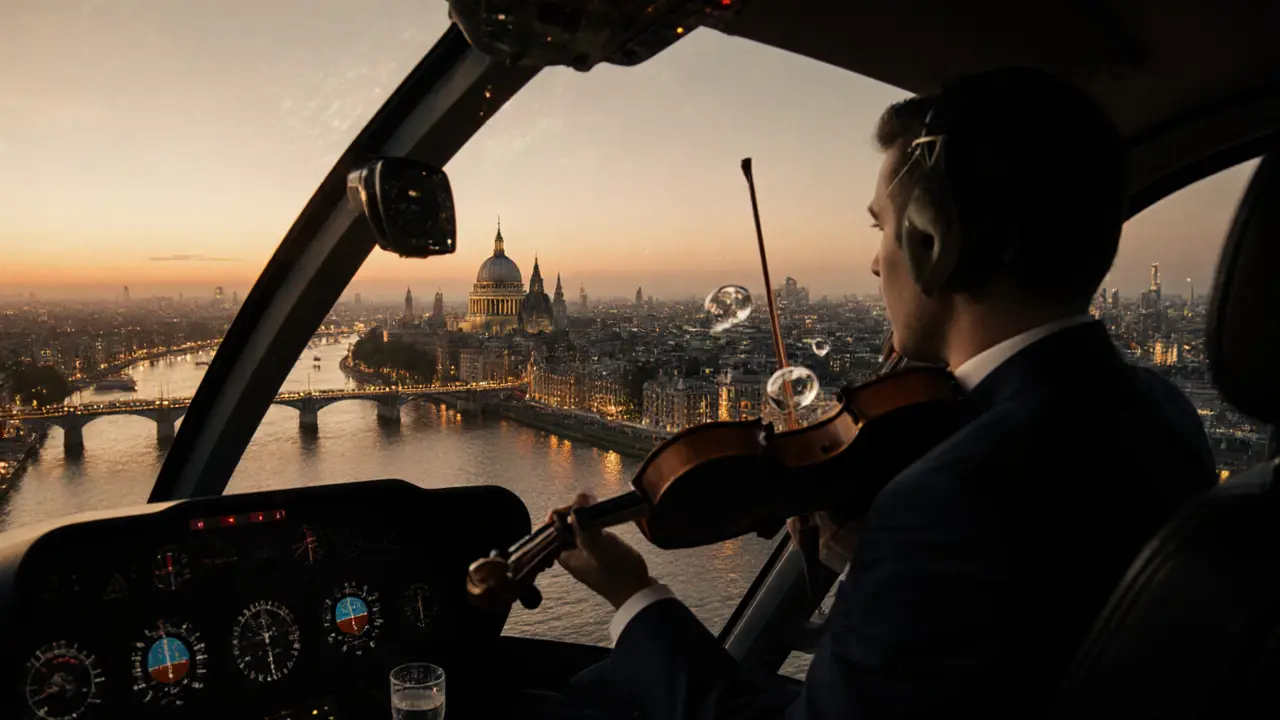 A private helicopter hovers over London at sunset, with a violinist playing inside as the city glows below.