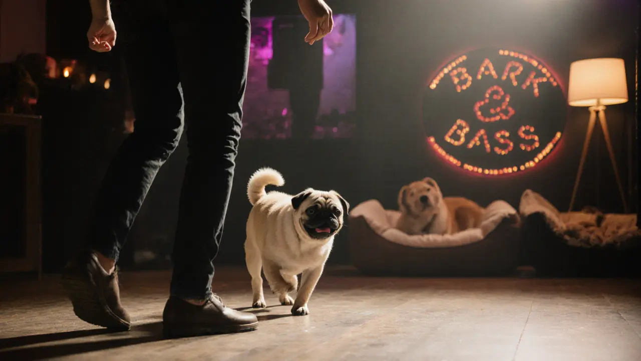 A pug wags its tail gently as its owner dances quietly in a low-light club with a calming pet lounge nearby.