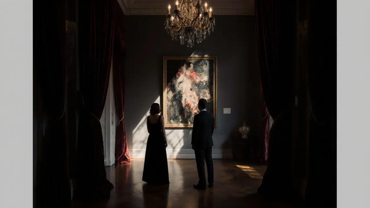 A quiet moment in a hidden art gallery, a woman and man stand before a powerful abstract painting in dim light.