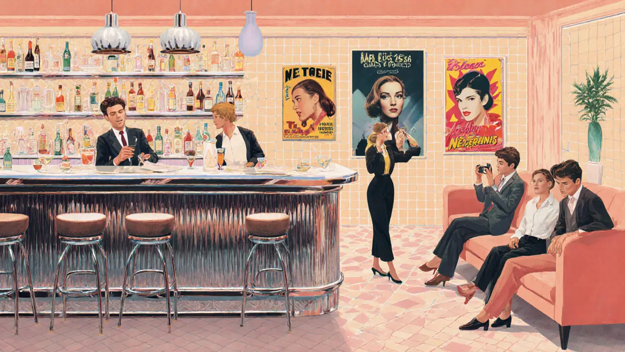 Bar Luce interior with pastel tiles, retro décor, and patrons enjoying classic cocktails.