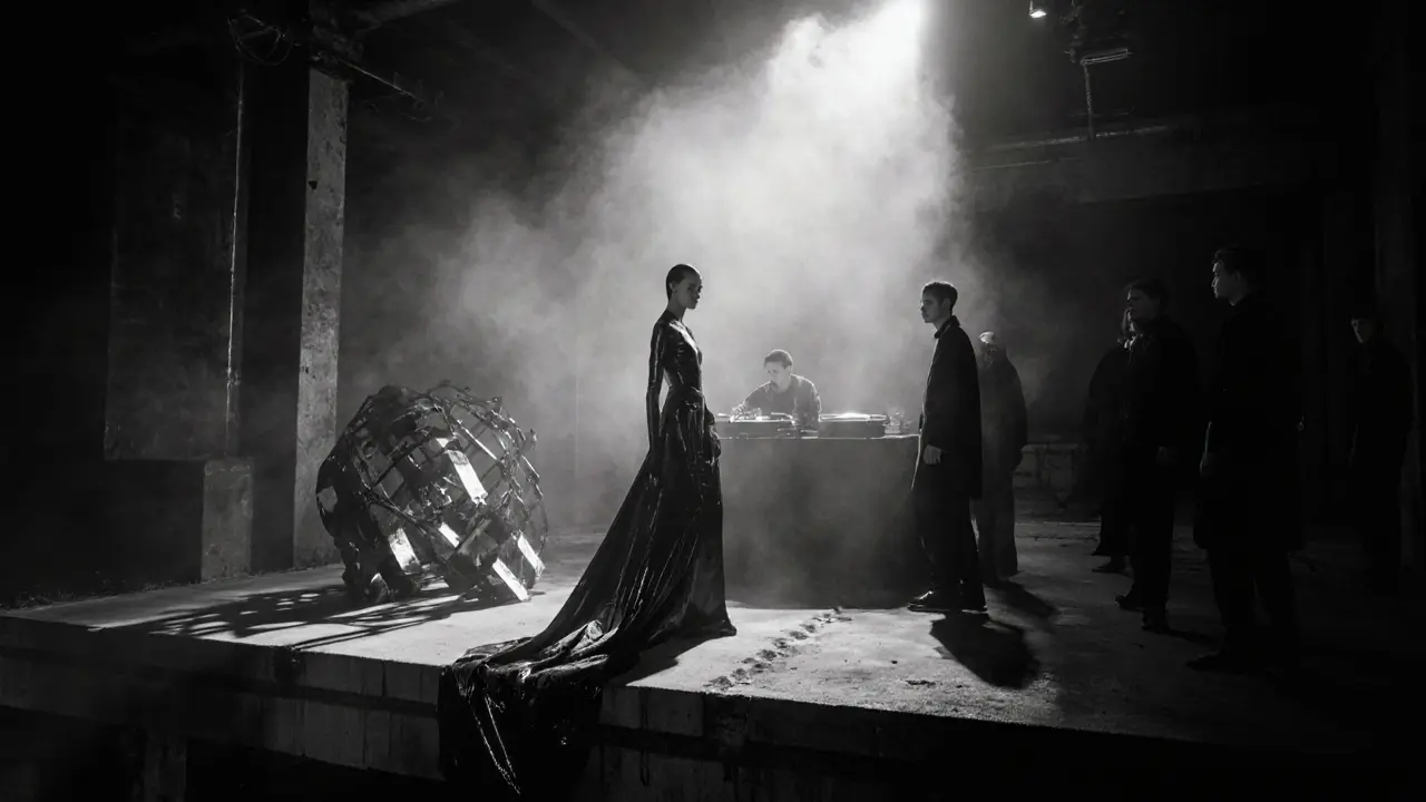 Black‑and‑white interior of Berghain showing escorts and artists on a platform.