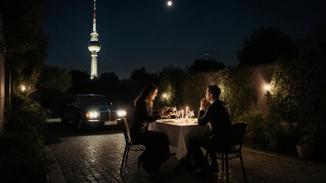 Candlelit private dinner in a Berlin garden with the TV Tower in the distance, evoking refined companionship.