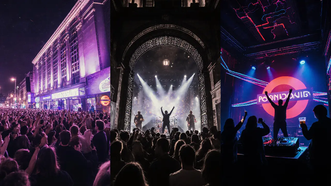 Cinematic collage of O2 Academy Brixton, Roundhouse, and Fabric venues with moving crowd.
