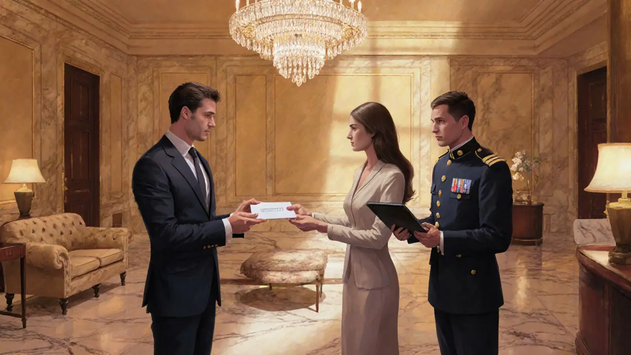 Client and discreet companion meeting in upscale hotel lobby with concierge.