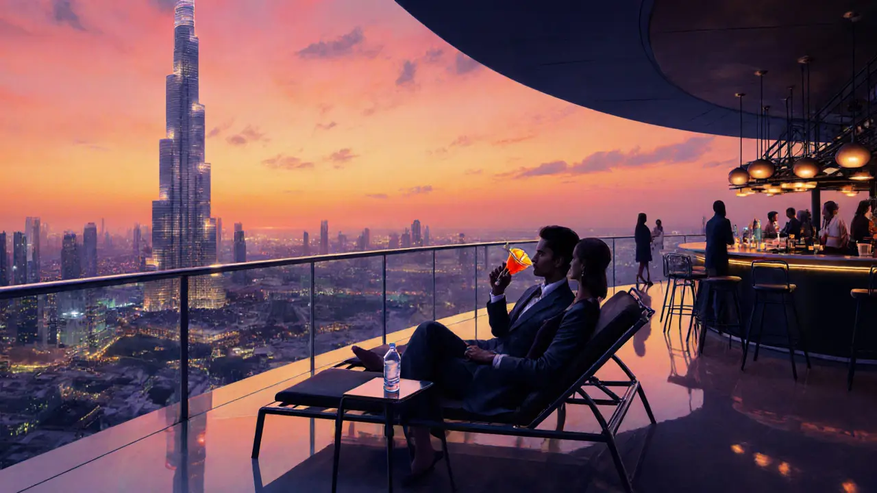 Couple enjoying cocktails at Level 43 rooftop bar with city skyline.