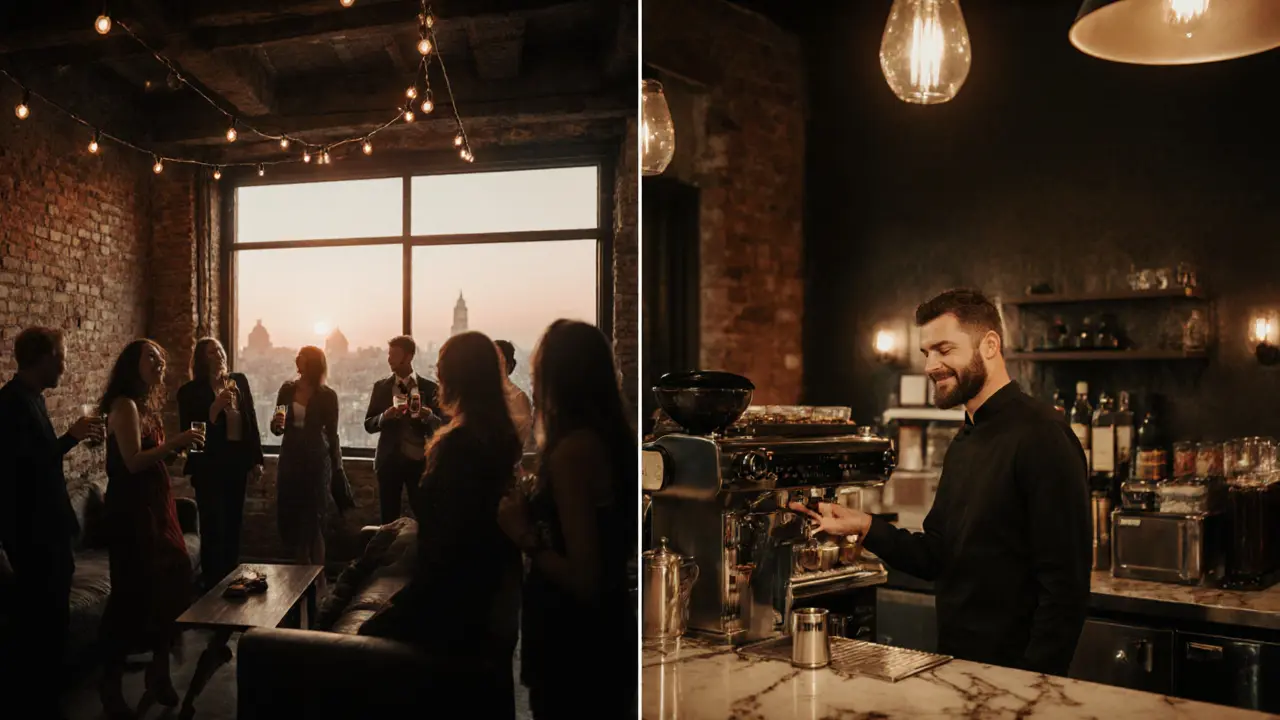 Cozy after‑hours loft party transitioning to 5 am coffee at Bar Luce.