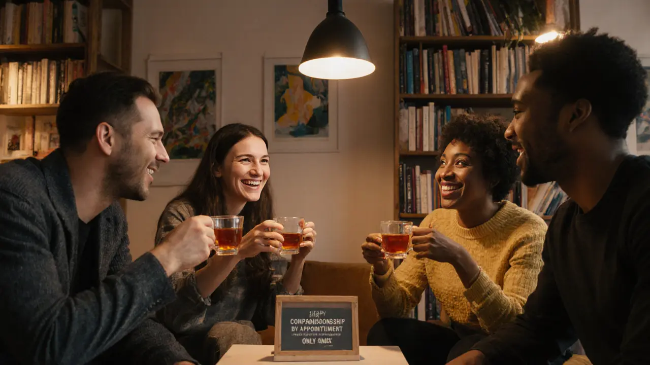 Diverse group enjoying tea and conversation in a cozy, book-filled Berlin lounge with warm lighting.