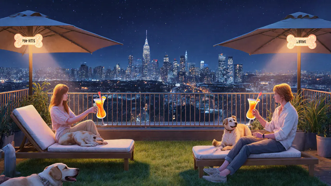 Dogs nap on artificial grass at a rooftop bar while owners drink bone-shaped cocktails under warm lights.