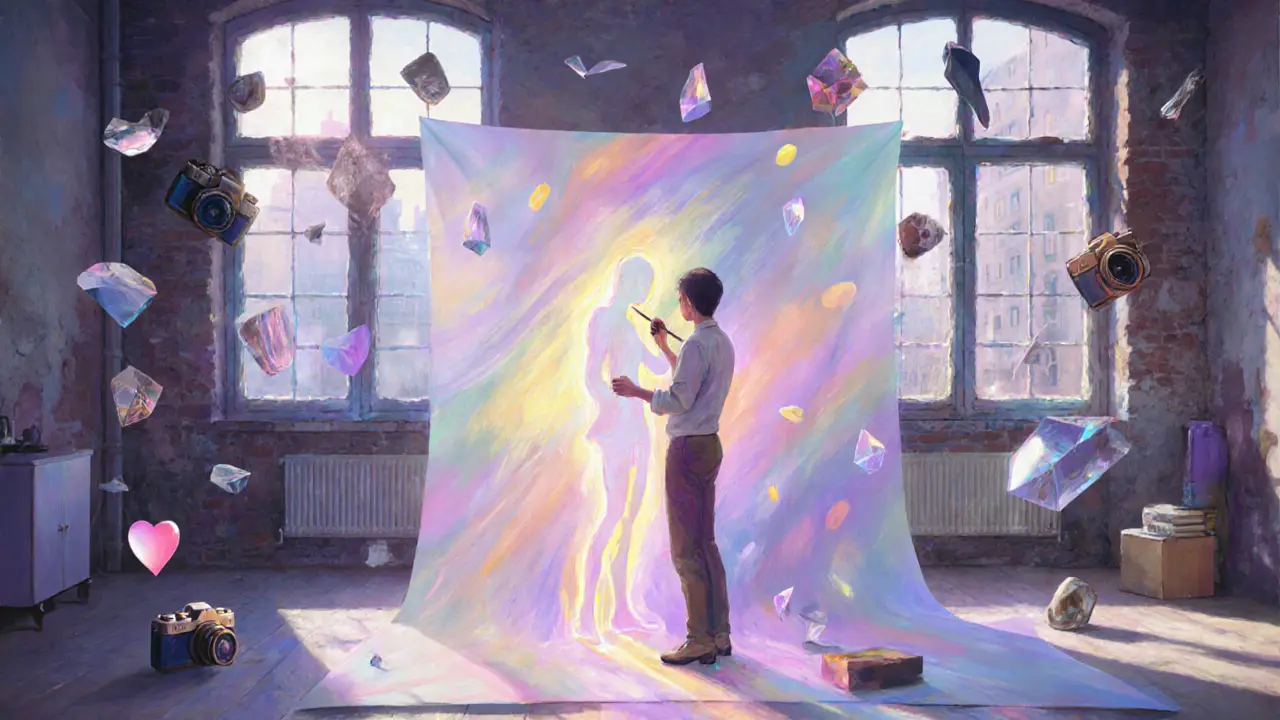 Dreamy loft installation where an escort and painter create glowing artwork.