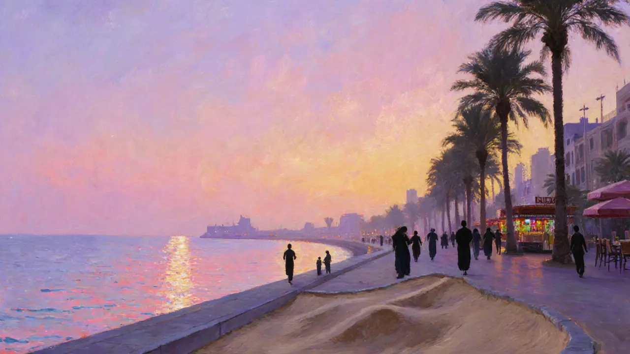 Early morning sunrise over the Corniche promenade with silhouettes.