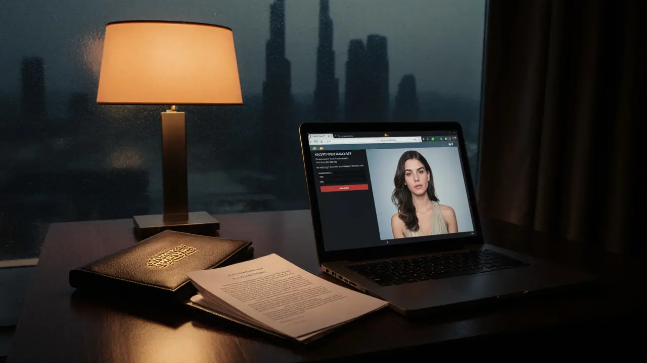 Elegant desk with encrypted laptop and discreet companion dossier.