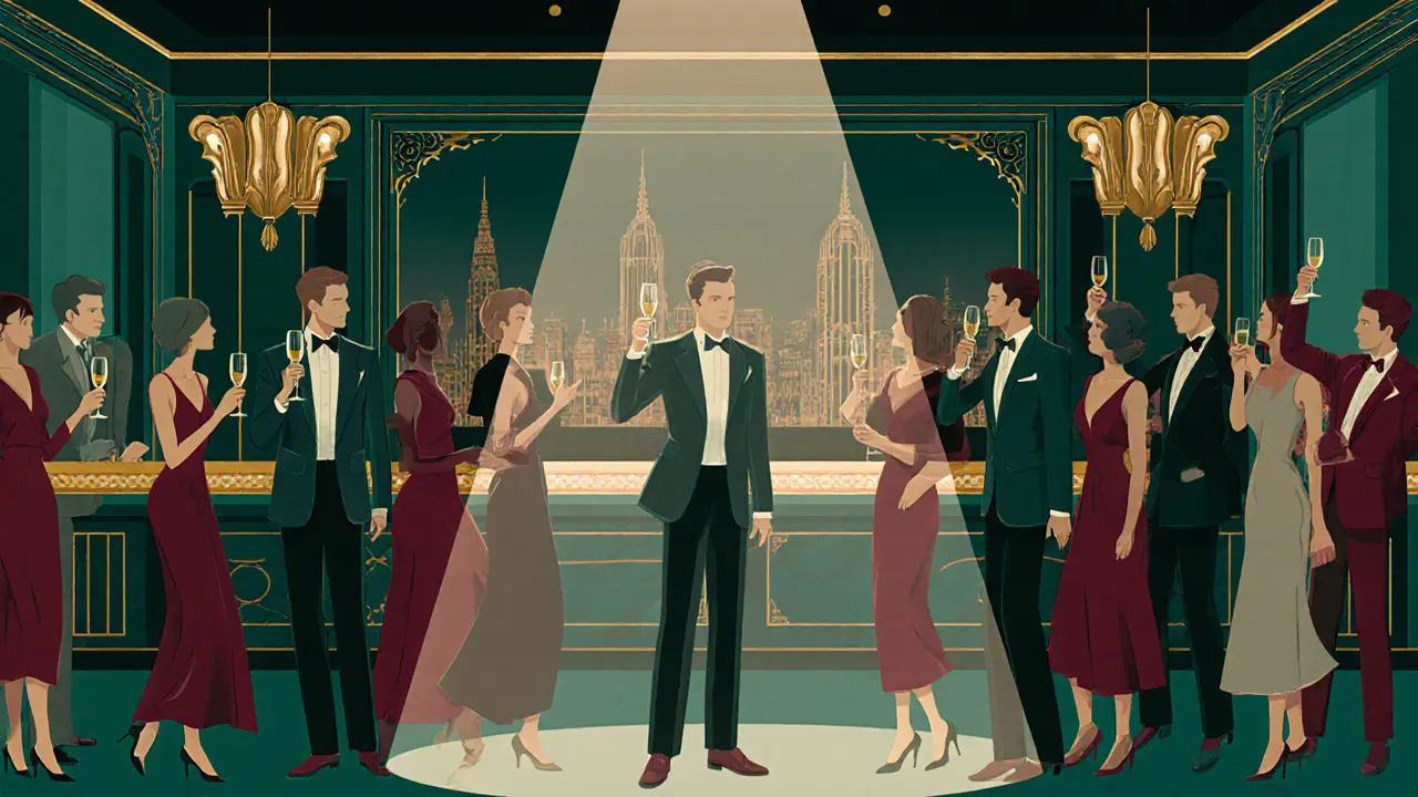Elegant Fashion Week after‑party at The Club, stylish guests in formal attire raising champagne.