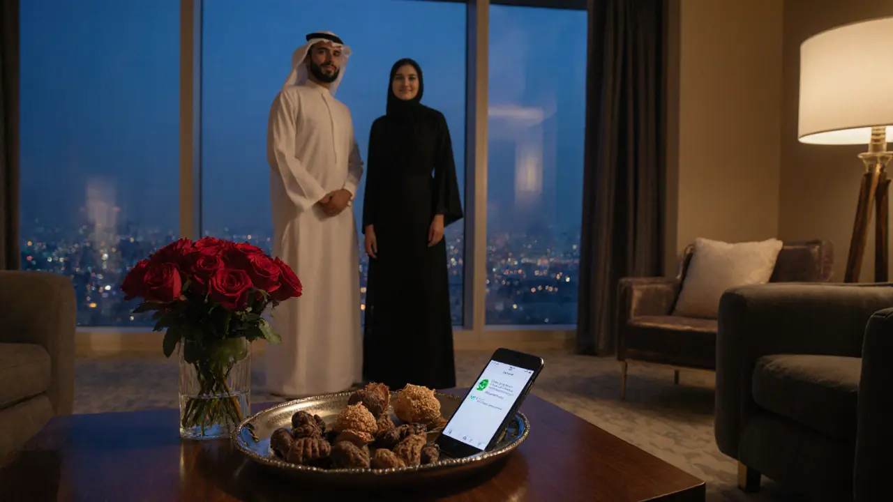 Elegant hotel suite with roses, Emirati sweets, and discreet encrypted phone beside a well‑dressed couple.
