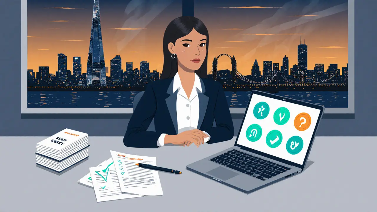 Escort at a desk reviewing safety‑app icons and legal papers, city skyline visible through window.