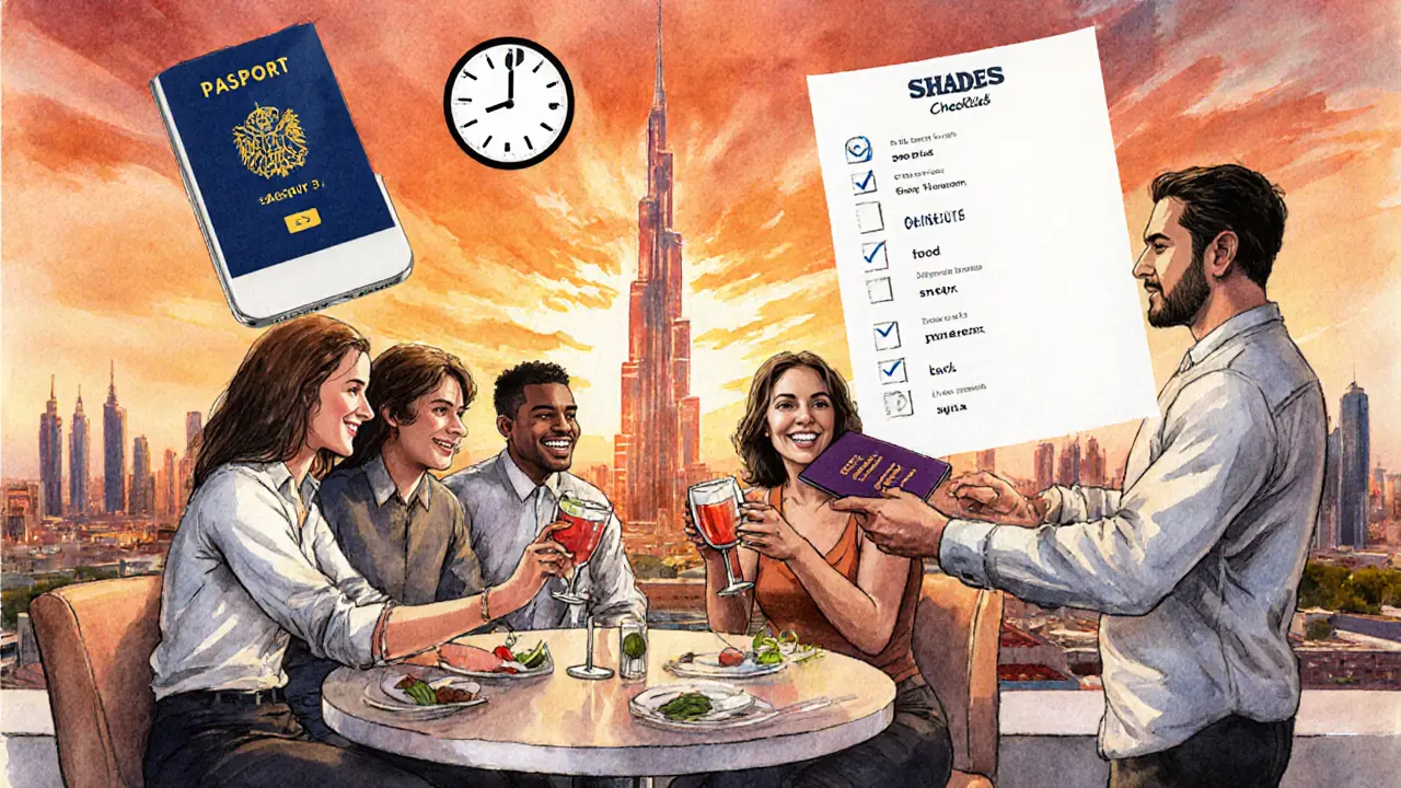 Friends enjoying happy hour at Shades Dubai, checking IDs and phone at sunset.