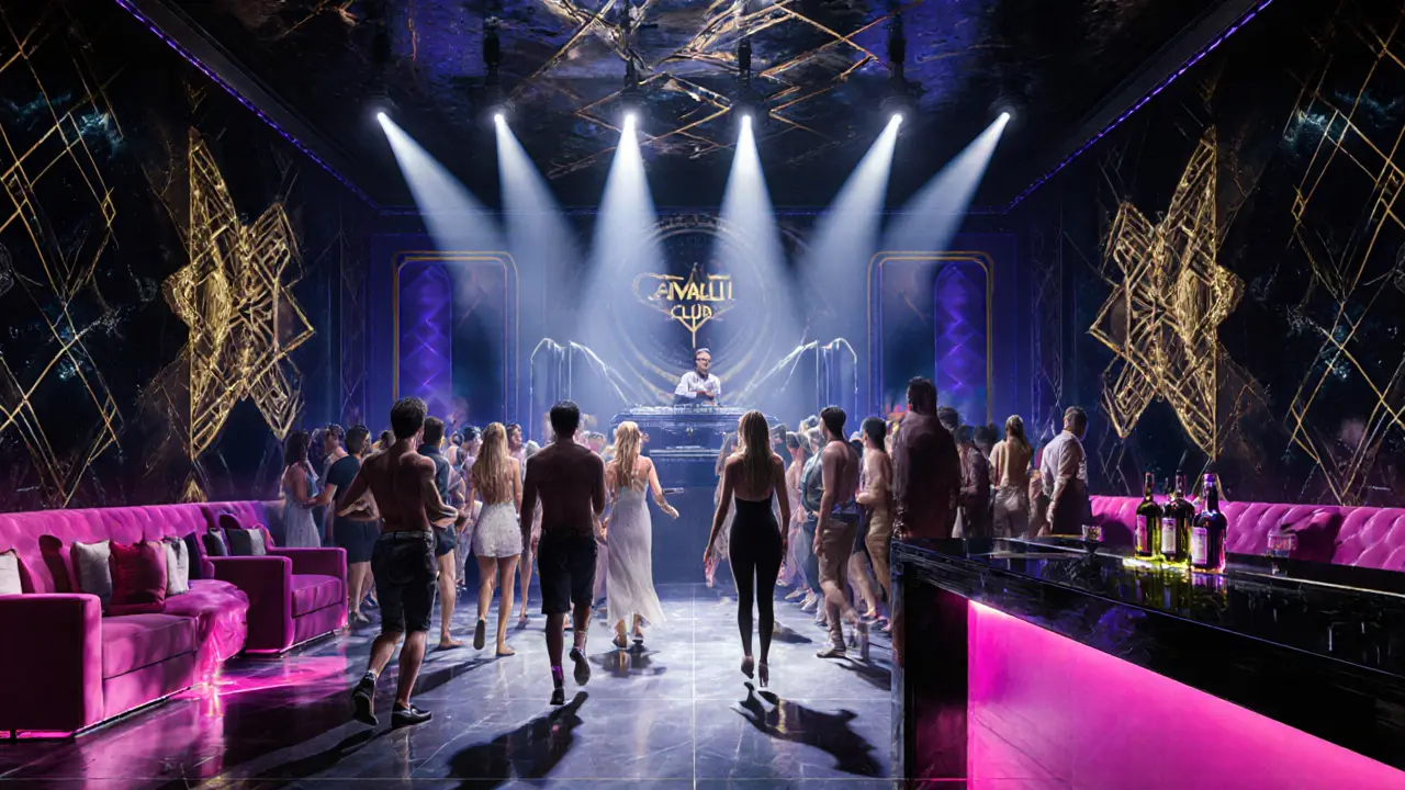 Glamorous interior of Cavalli Club with dancing guests in resort wear.