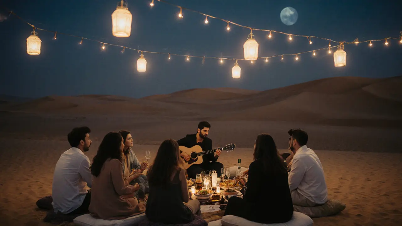 Guests gathered in a desert garden under string lights and lanterns, listening to live music.