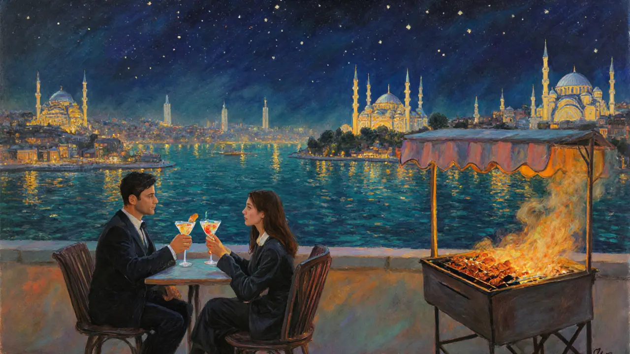 Impressionist rooftop scene at Mikla with a couple, city skyline, and a kebab stall.