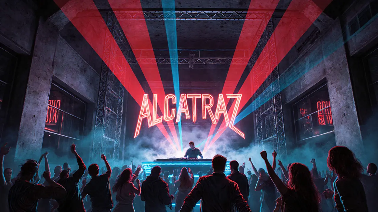 Industrial club Alcatraz packed with dancers under neon lights and a DJ booth.