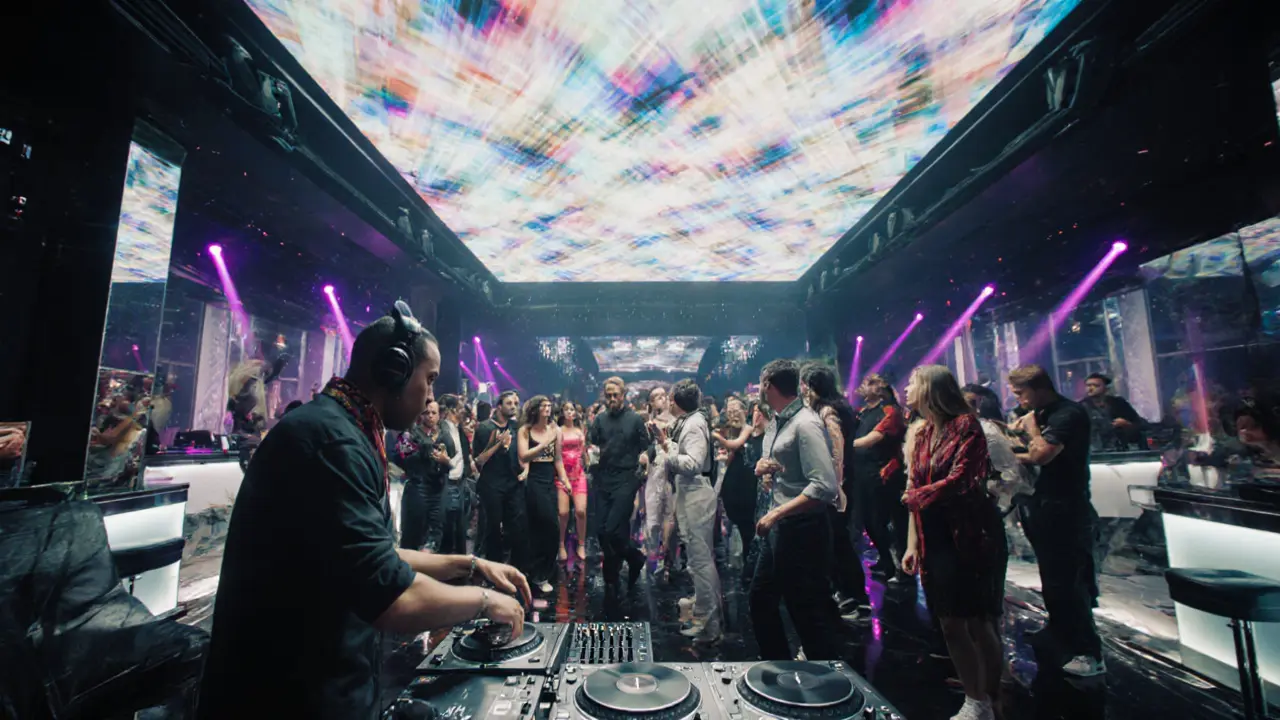 Inside White Dubai nightclub with LED ceiling, DJ, and dancing crowd.