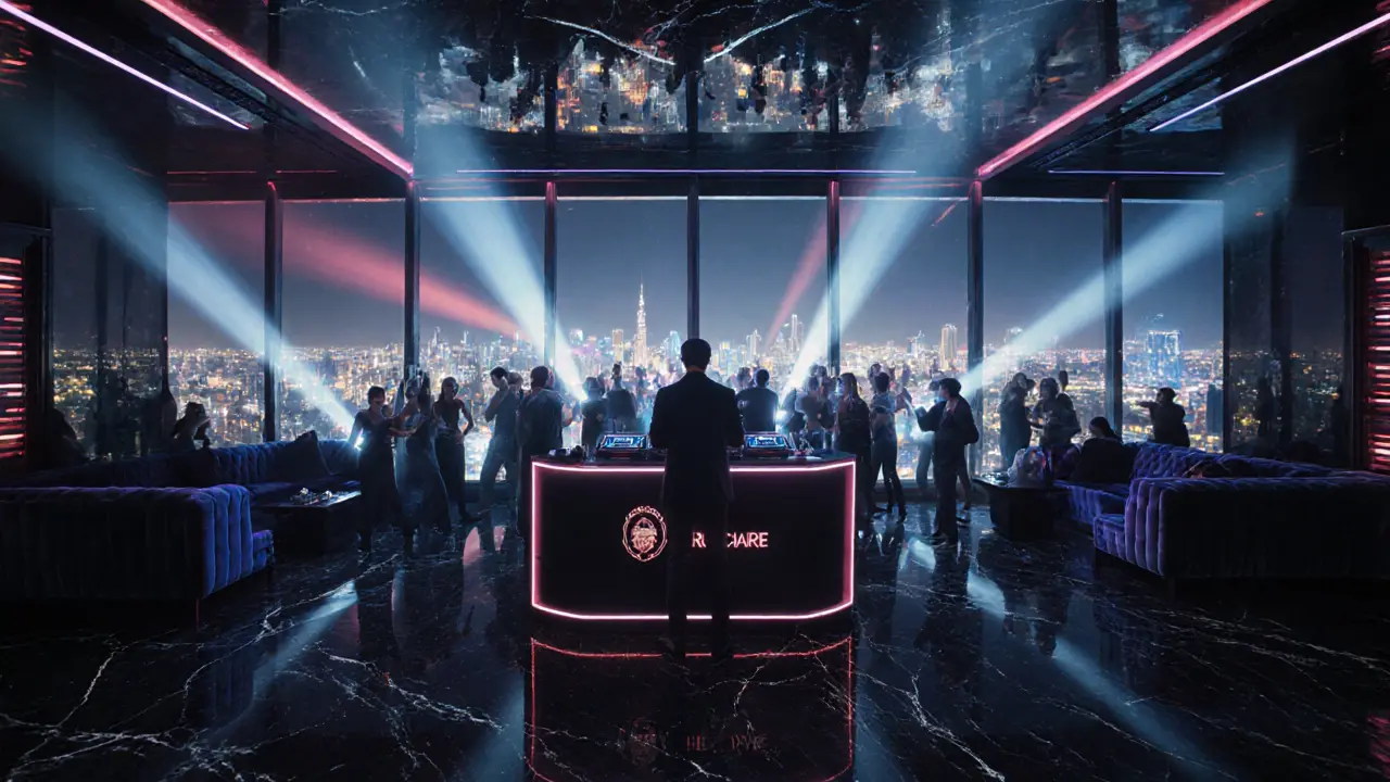 Interior of a high‑rise nightclub with panoramic city view and VIP booths.