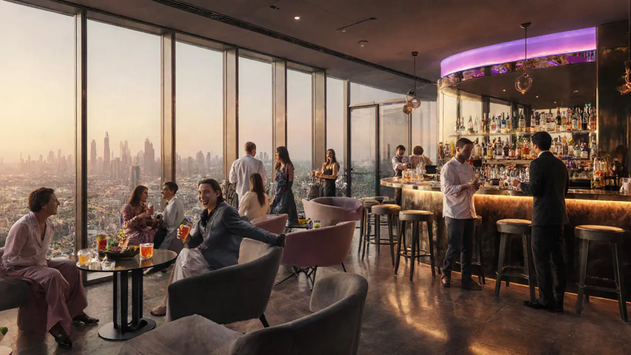 Interior of The Penthouse rooftop lounge with city view and happy hour crowd.