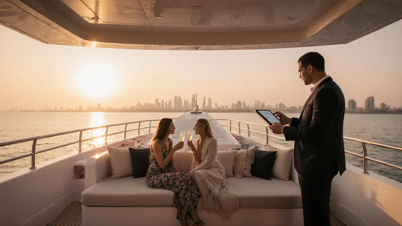 Luxury yacht sunset scene with couple and concierge arranging services.
