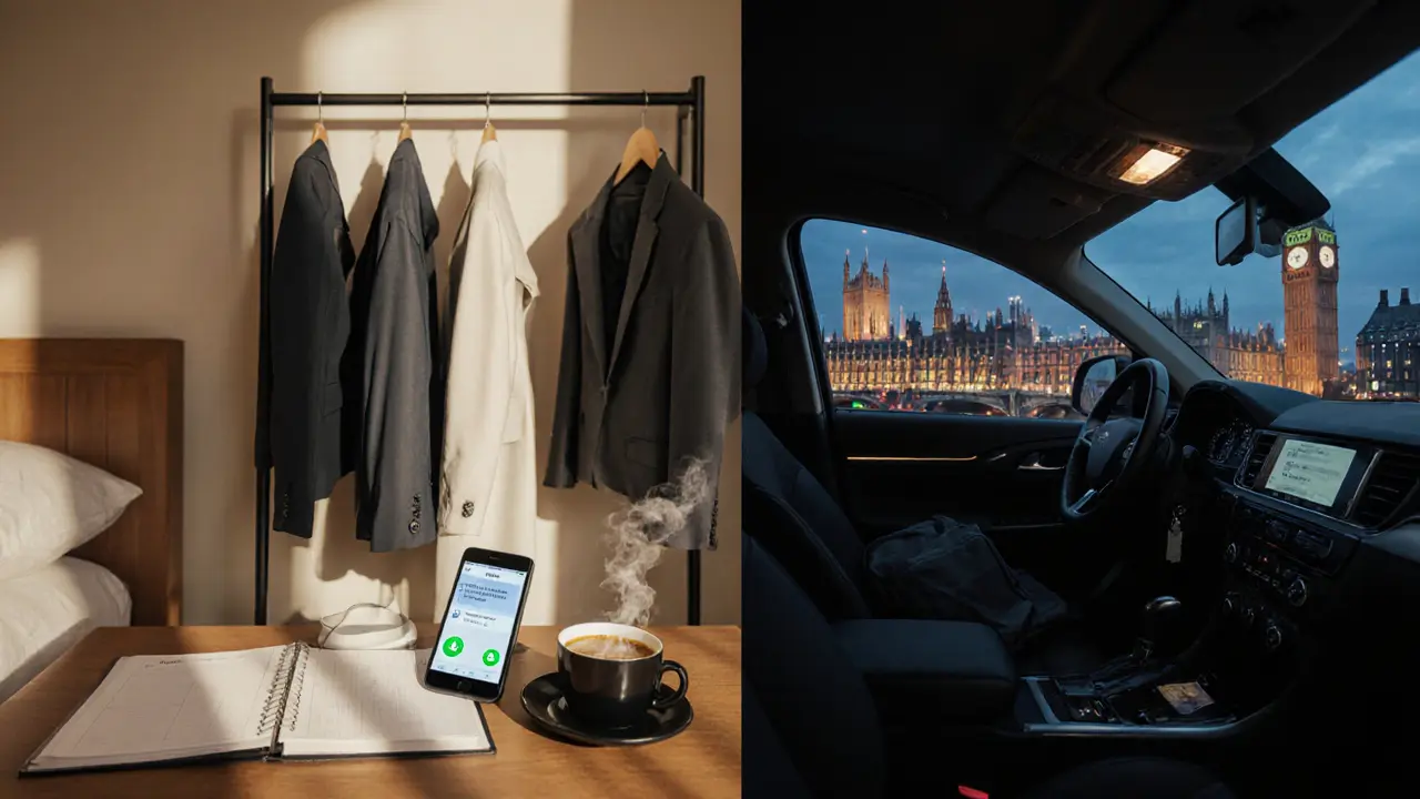 Morning coffee and wardrobe beside an evening ride‑share interior with a phone displaying a safety check.