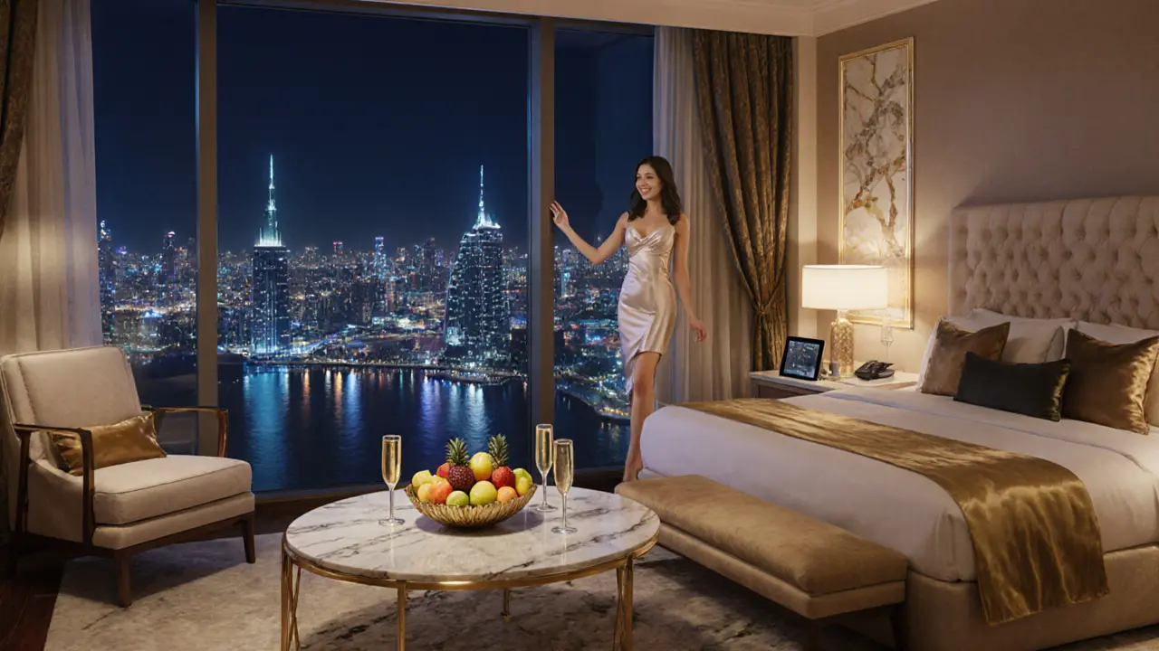 Opulent Burj Al Arab suite with champagne, city view, and a companion.
