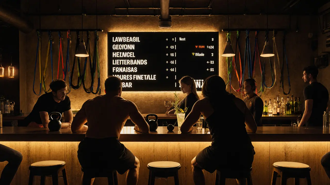 Patrons doing push-ups and lunges at FitBar London, with fitness equipment and glowing leaderboard in background.