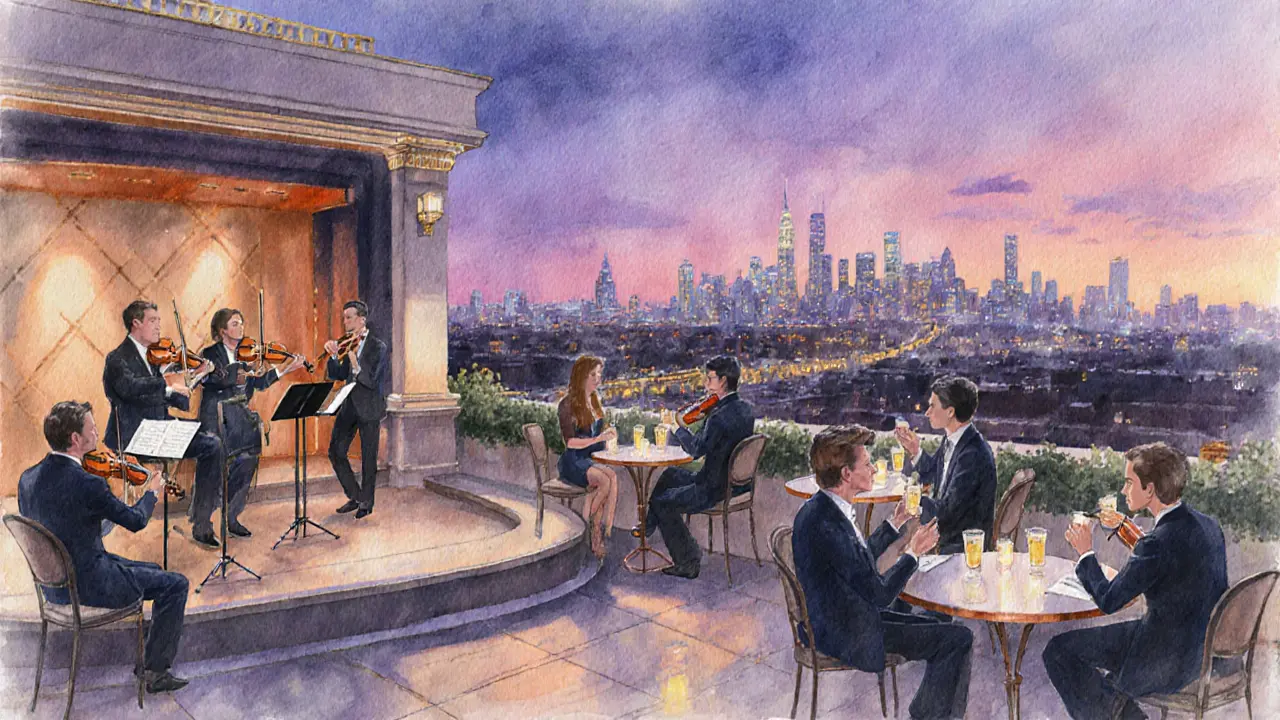 Rooftop bar at twilight with a string quartet and city skyline.