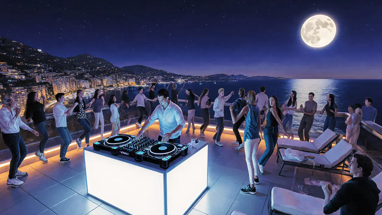 Rooftop dance floor at Jimmy’z Monte-Carlo with DJ, moonlit crowd, and sea backdrop.