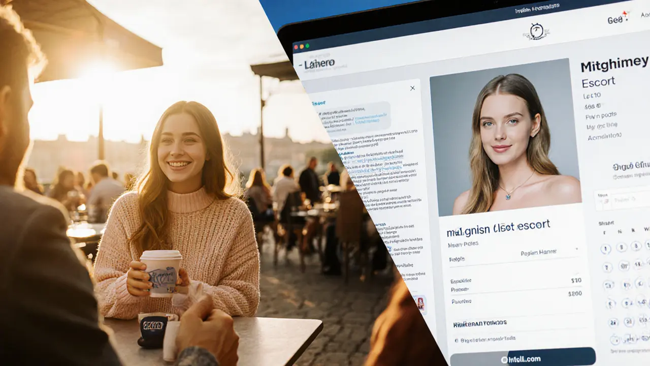Side‑by‑side view of a coffee‑shop sugar‑baby meeting and an escort agency profile screen.