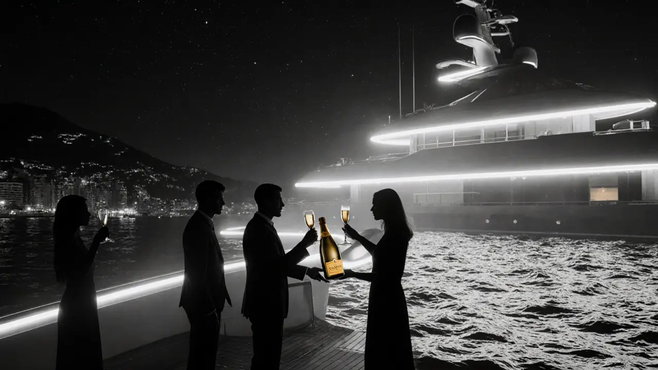 Silhouettes on a luxury yacht at midnight, champagne glowing faintly as stars reflect on calm water under shifting colored lights.