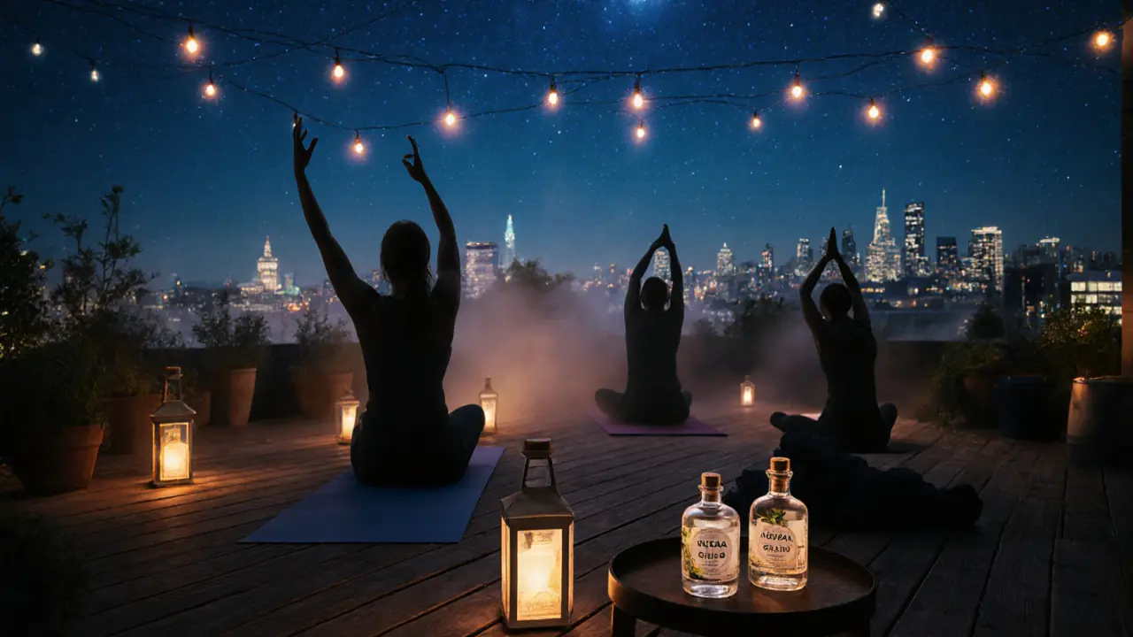 Silhouettes practicing yoga on a rooftop under string lights and stars in Camden, London skyline in distance.