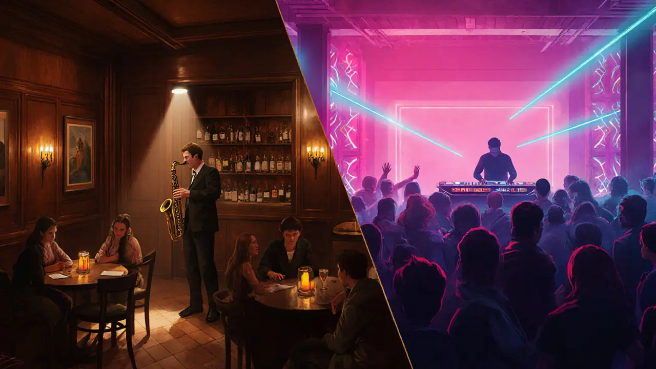 Split illustration of Nardis Jazz Club's warm interior and Klein club's neon techno scene.