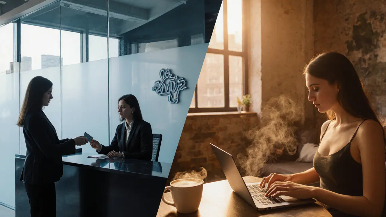 Split view showing a corporate agency office and a cozy loft with a laptop and coffee.