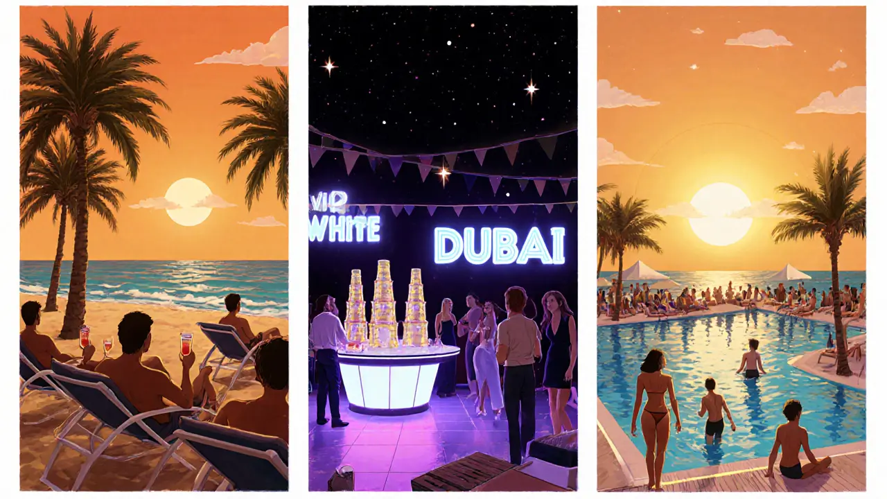 Storyboard of Barasti beach bar sunset, White Dubai midnight, Zero Gravity sunrise.