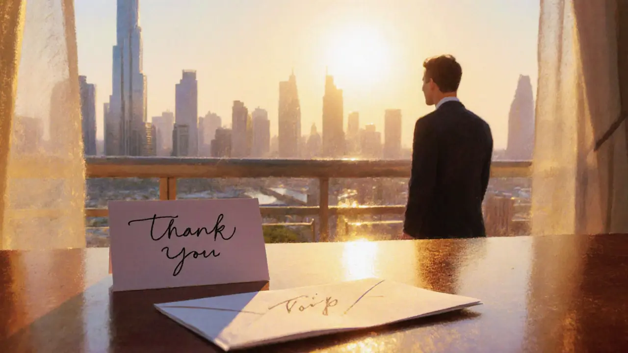 Sunrise balcony scene with thank‑you note and tip envelope after a refined escort encounter.
