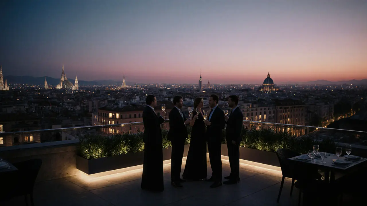 Sunrise rooftop at Ceresio7 overlooking Milan, guests sipping drinks as city lights fade.