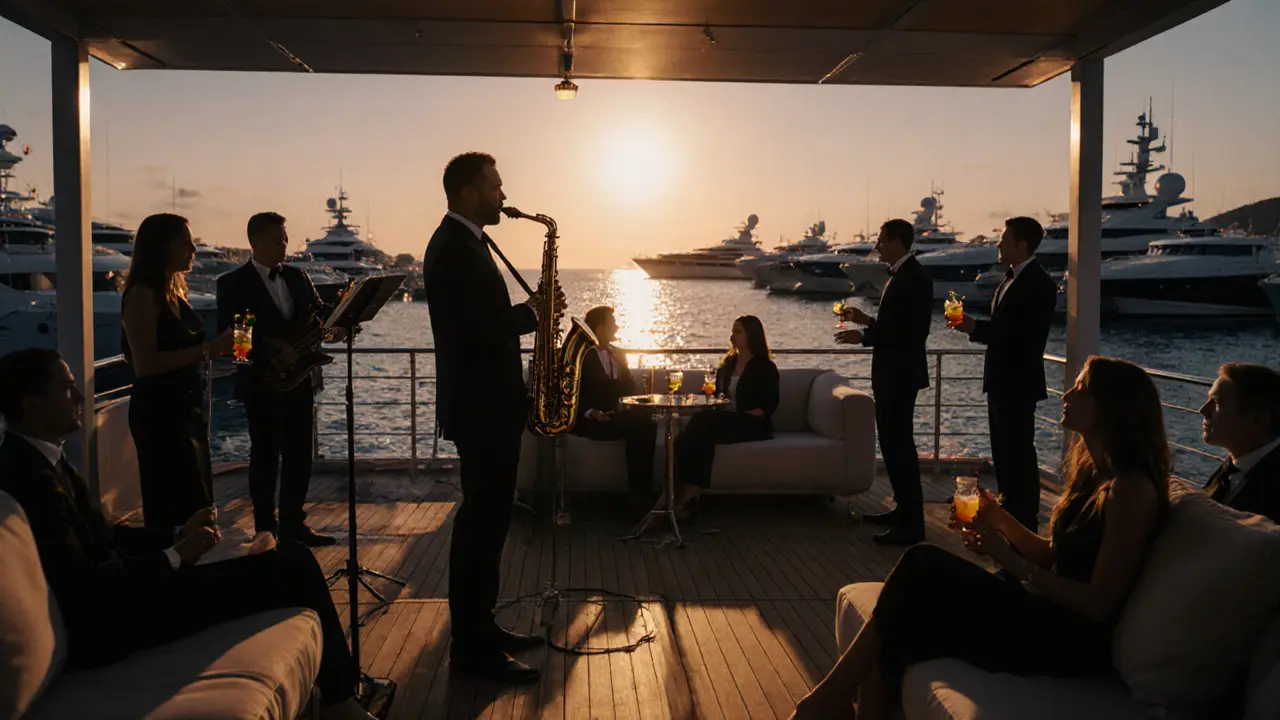 Sunset jazz concert on Monaco Yacht Club deck with saxophonist, yachts and guests.