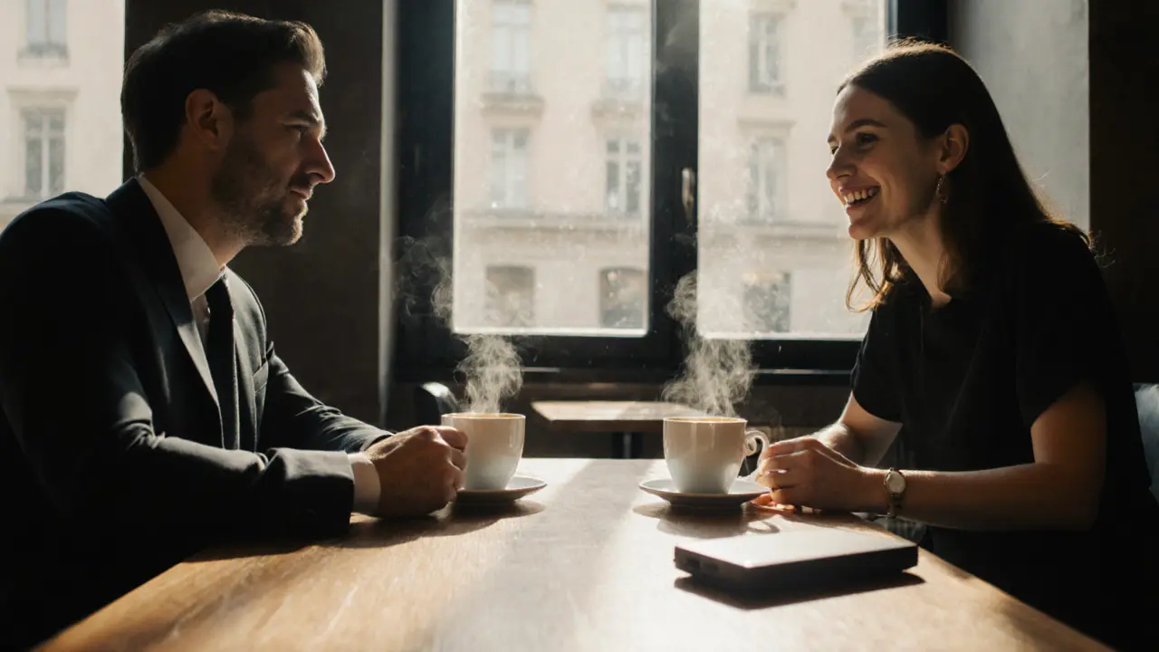 Two people seated at a café table with coffee and a discreet e‑wallet device.