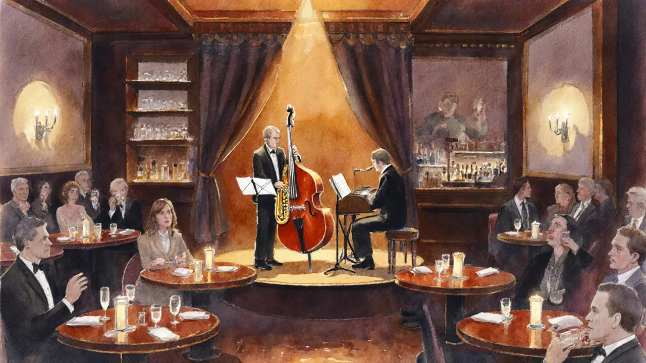 Watercolor interior of Ronnie Scott's showing musicians on stage and intimate audience.