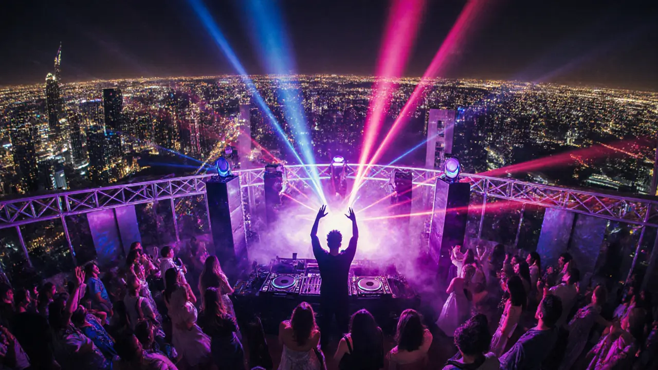 White Dubai rooftop club filled with dancing crowd under colorful LED lights.