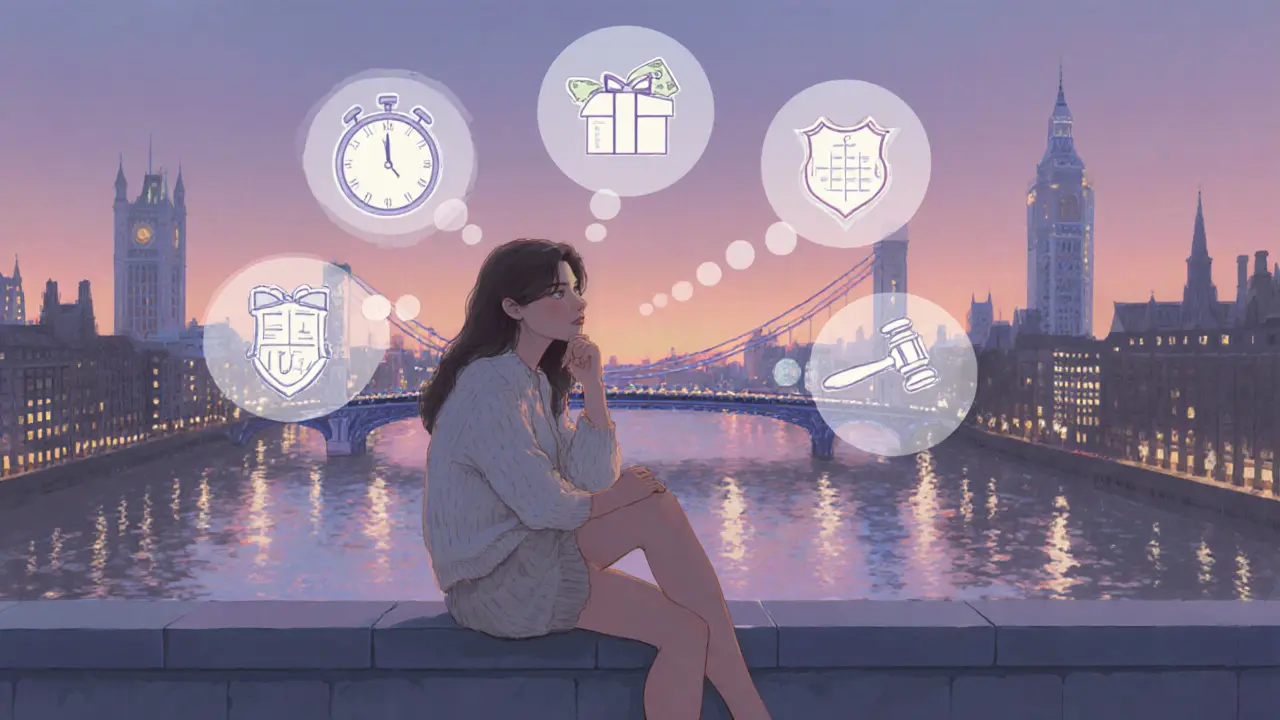 Woman on a balcony contemplating escort vs sugar‑baby paths with symbolic icons.