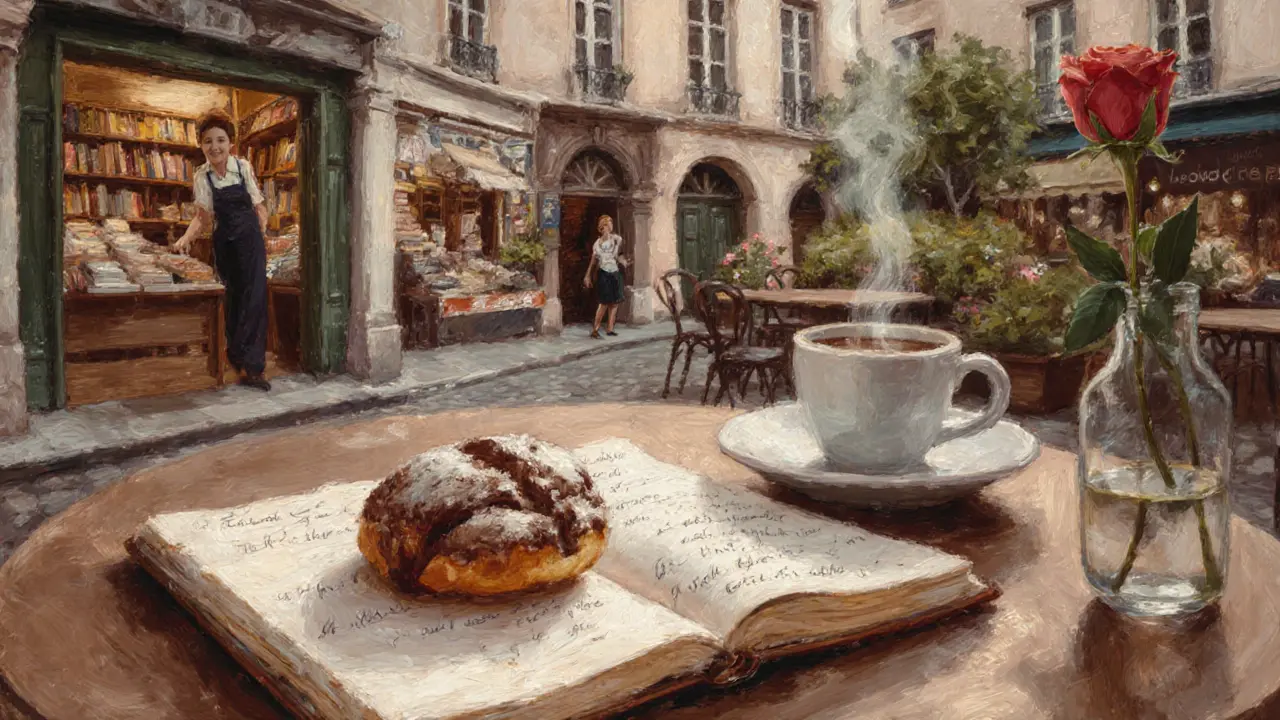 A café table in Le Marais with a pain au chocolat, espresso, and rose, blurred background reveals hidden Paris gems.