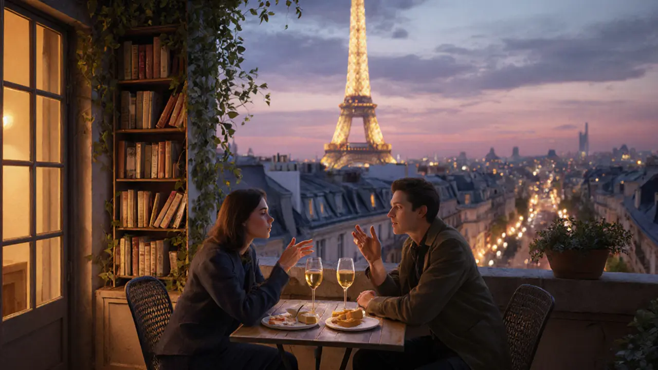 A couple enjoys wine and cheese on a hidden Paris rooftop at dusk, Eiffel Tower glowing softly in the distance.