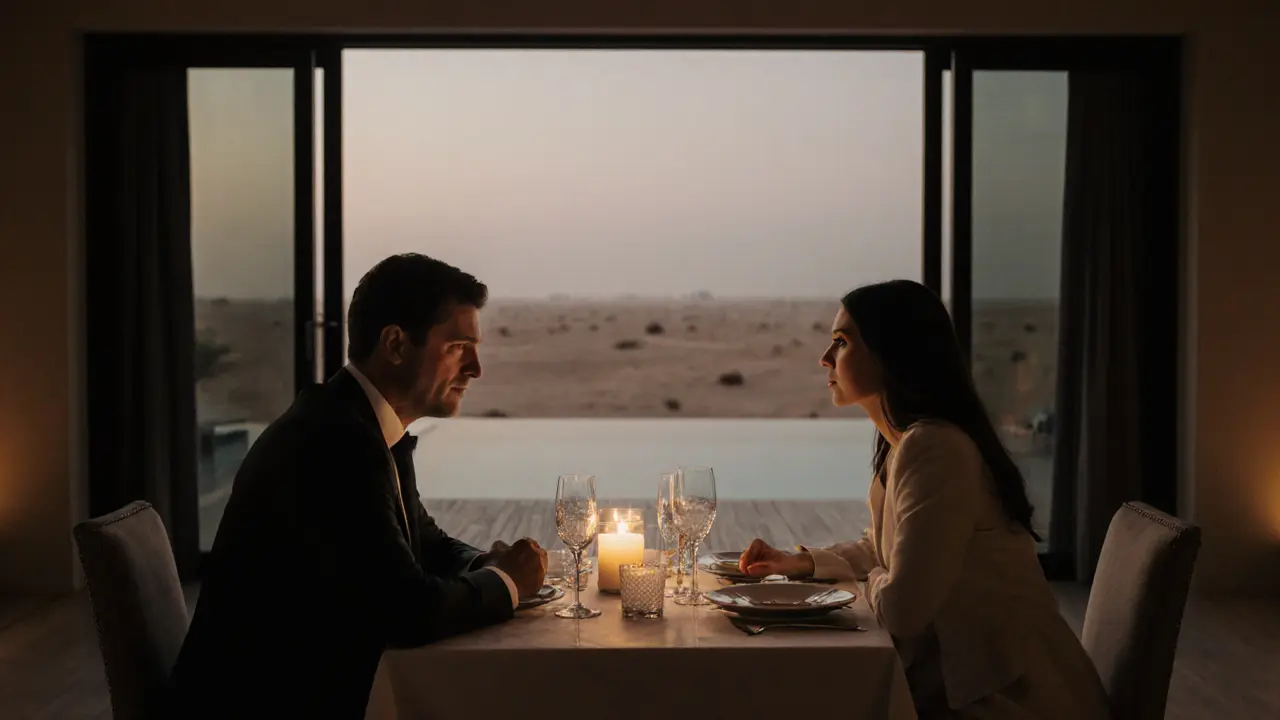 A couple shares a quiet dinner in a private villa, candlelight reflecting off fine china and a serene pool.