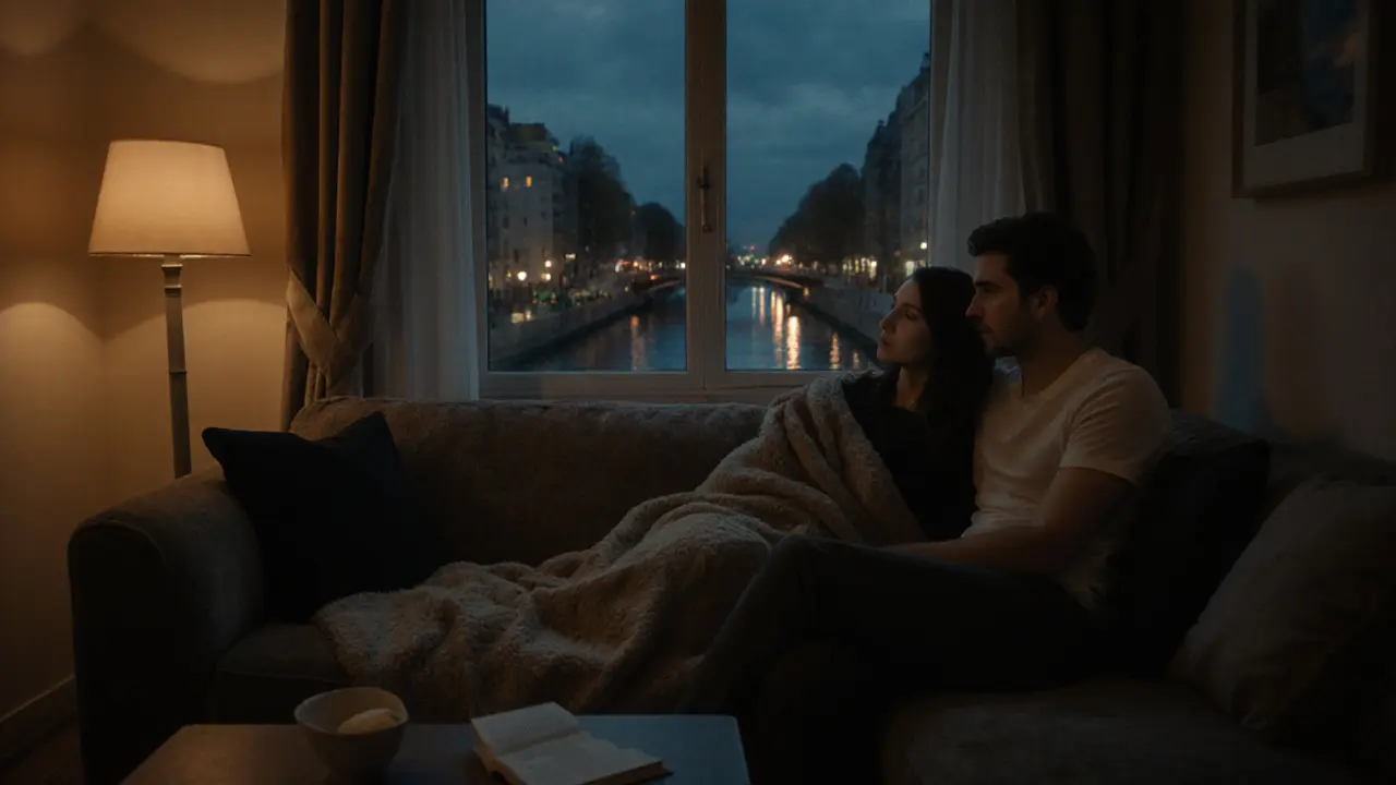 A couple sitting together on a sofa, quietly watching the river at night, sharing a blanket.