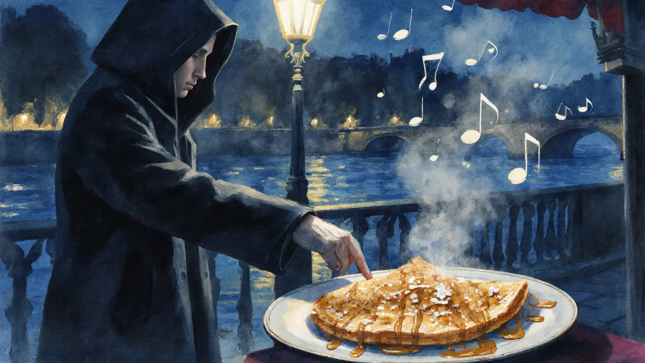 A crêpe vendor at 3 a.m. in Montmartre, steam rising from a caramel-drizzled crêpe as moonlight glows on the Seine behind them.